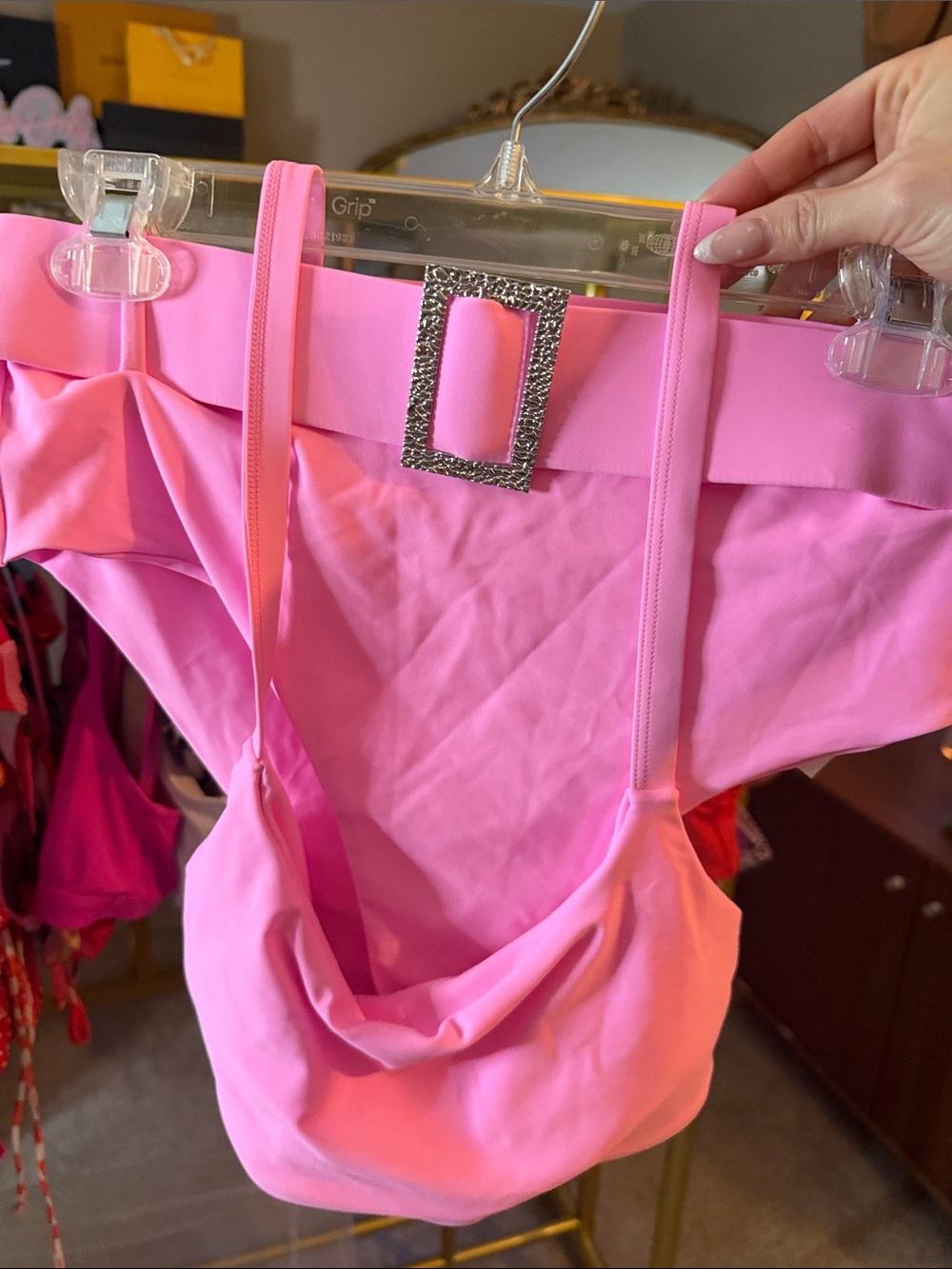 light pink with silver buckle belt two piece